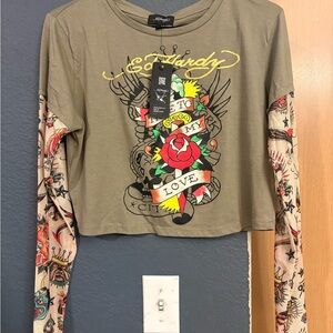 Ed Hardy Olive Green Tattoo Graphic Long Sleeve Top